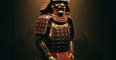 Armure de samouraï complète exposée sur un présentoir dans une salle sombre