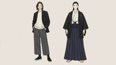 Illustration montrant la différence visuelle entre un pantalon japonais moderne à coupe large et un hakama traditionnel aux plis marqués