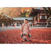 Jeune fille en kimono traditionnel japonais colore sur des feuilles d erable devant un temple