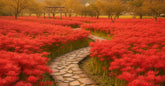 Champ de fleurs rouges higanbana en pleine floraison le long d un chemin de pierre dans la campagne japonaise