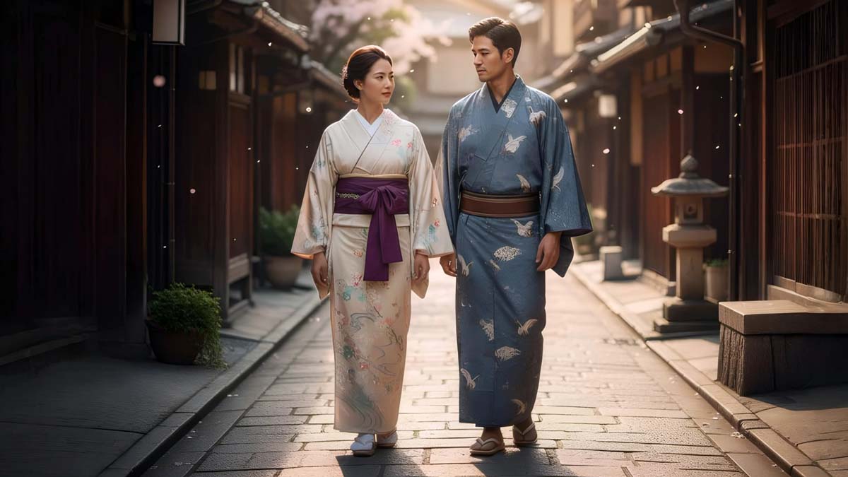 couple japonais en kimono à l'époque Edo