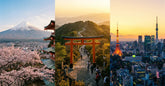 Panorama voyage Japon Mont Fuji cerisiers torii et skyline Tokyo au coucher du soleil