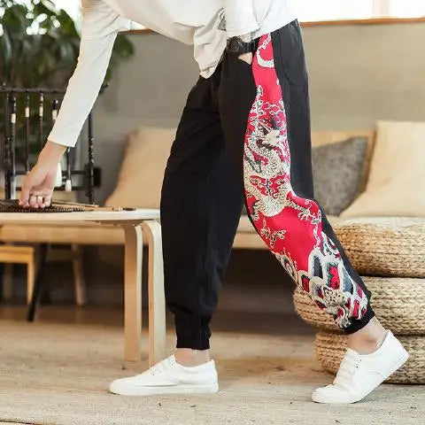 pantalon style asiatique avec motif de dragon