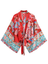 Kimono court de plage | paon et fleurs Rouge