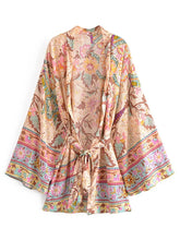 Kimono court de plage | paon et rinceaux Beige