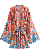 Kimono court de plage | paon et rinceaux Rose