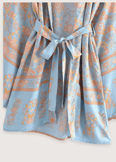 kimono court fleuri bleu gris et rosé
