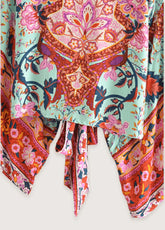 Kimono court de plage | paon et fleurs Vert