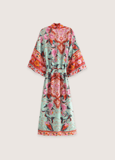 Kimono long de plage | paon et fleurs Corail