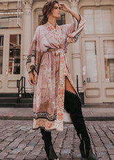 Kimono long de plage | bohème floral Rose poudré