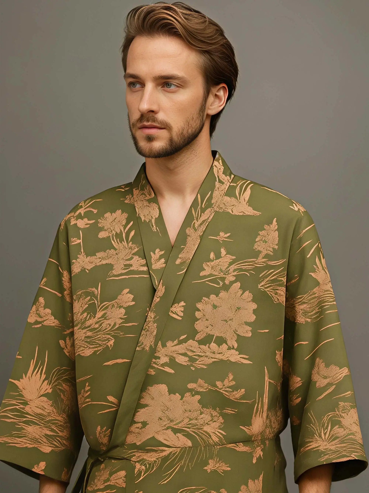 Homme portant un peignoir japonais vert à motifs floraux beiges, inspiré du style kimono traditionnel, sur fond studio gris professionnel.