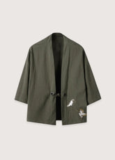 Veste kimono homme | grues brodées Vert kaki