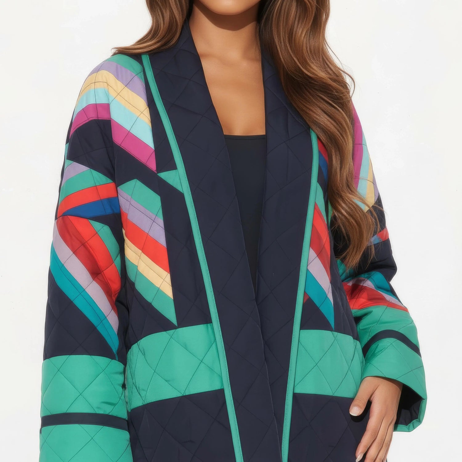 Gros plan de la veste kimono vintage Neon Sakura avec motifs géométriques colorés et finition matelassée