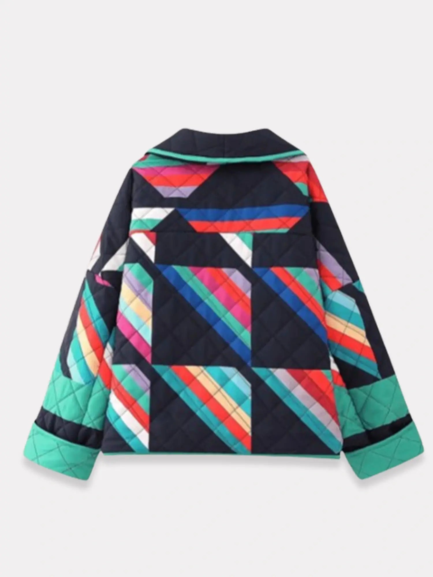 Veste kimono vintage Neon Sakura vue de dos à plat avec motifs géométriques colorés