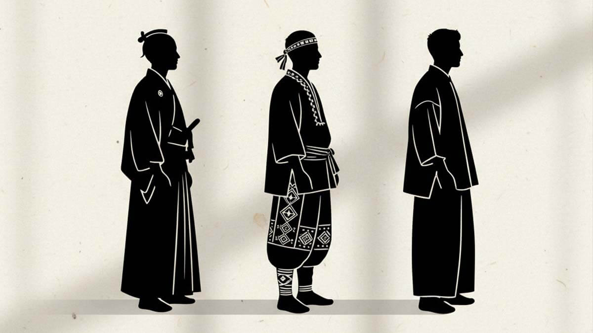 Illustration présentant l’évolution des bas japonais : un hakama traditionnel, un vêtement régional à motifs culturels et un pantalon moderne inspiré du Japon, alignés sur un fond neutre minimaliste.