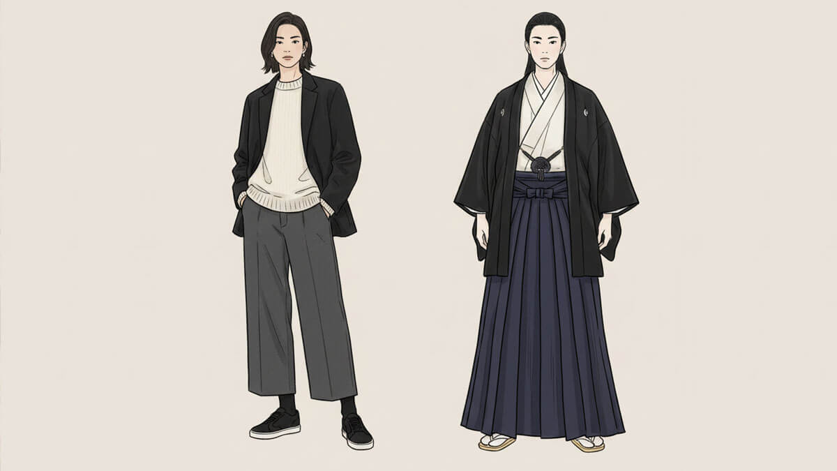 Illustration montrant la différence visuelle entre un pantalon japonais moderne à coupe large et un hakama traditionnel aux plis marqués