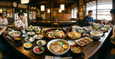 Table traditionnelle japonaise garnie de plats incontournables sushi ramen tempura dans un restaurant authentique