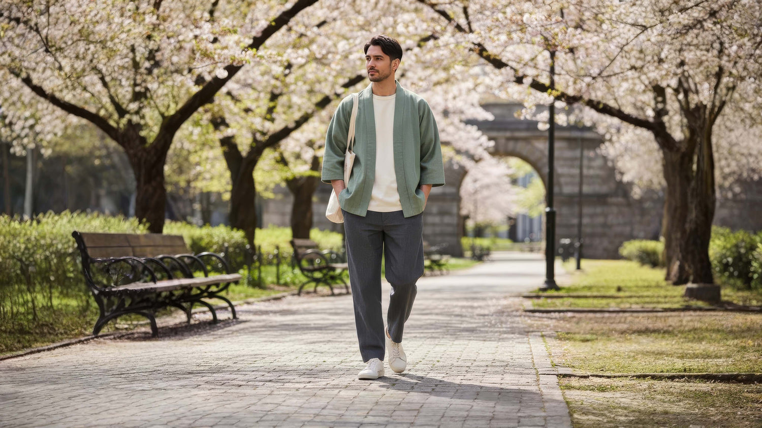 Homme portant une veste kimono vert sauge et un pantalon japonais moderne, marchant dans un parc fleuri au printemps sous les cerisiers