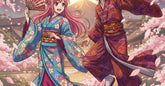 Illustration anime de deux personnages en kimonos traditionnels colores sous les cerisiers, style cel-shaded