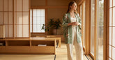 Femme elegante portant un kimono femme moderne haori en soie dans un interieur lumineux