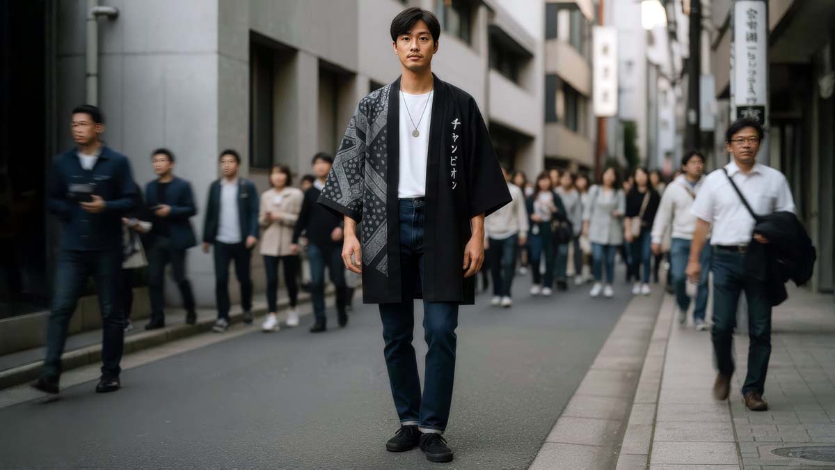 Homme en kimono moderne ouvert associé à un jean brut dans une ruelle de Tokyo, style urbain japonais contemporain, lumière douce et ambiance premium.