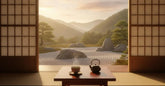 Piece tatami japonaise paisible ouverte sur un jardin zen au lever du soleil avec une tasse de the, ambiance ikigai