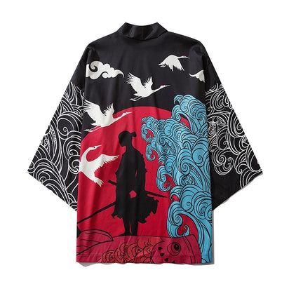 Haori | silhouette et grues Noir et rouge