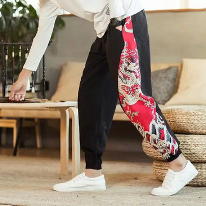 pantalon style asiatique avec motif de dragon