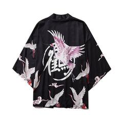 Haori | grues et calligraphie Noir
