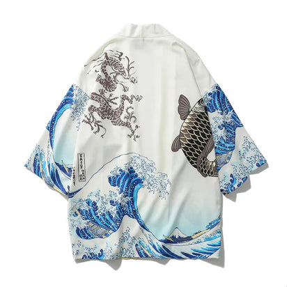Haori | dragon et carpe Blanc