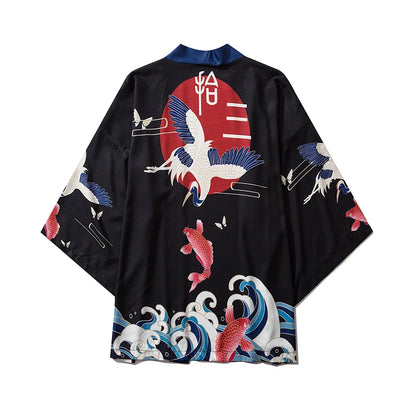 Haori | grues sur la vague Noir