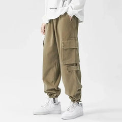 Pantalon cargo japonais pour homme Takeda en tissu kaki, coupe ample avec grandes poches latérales, style streetwear inspiré du Japon