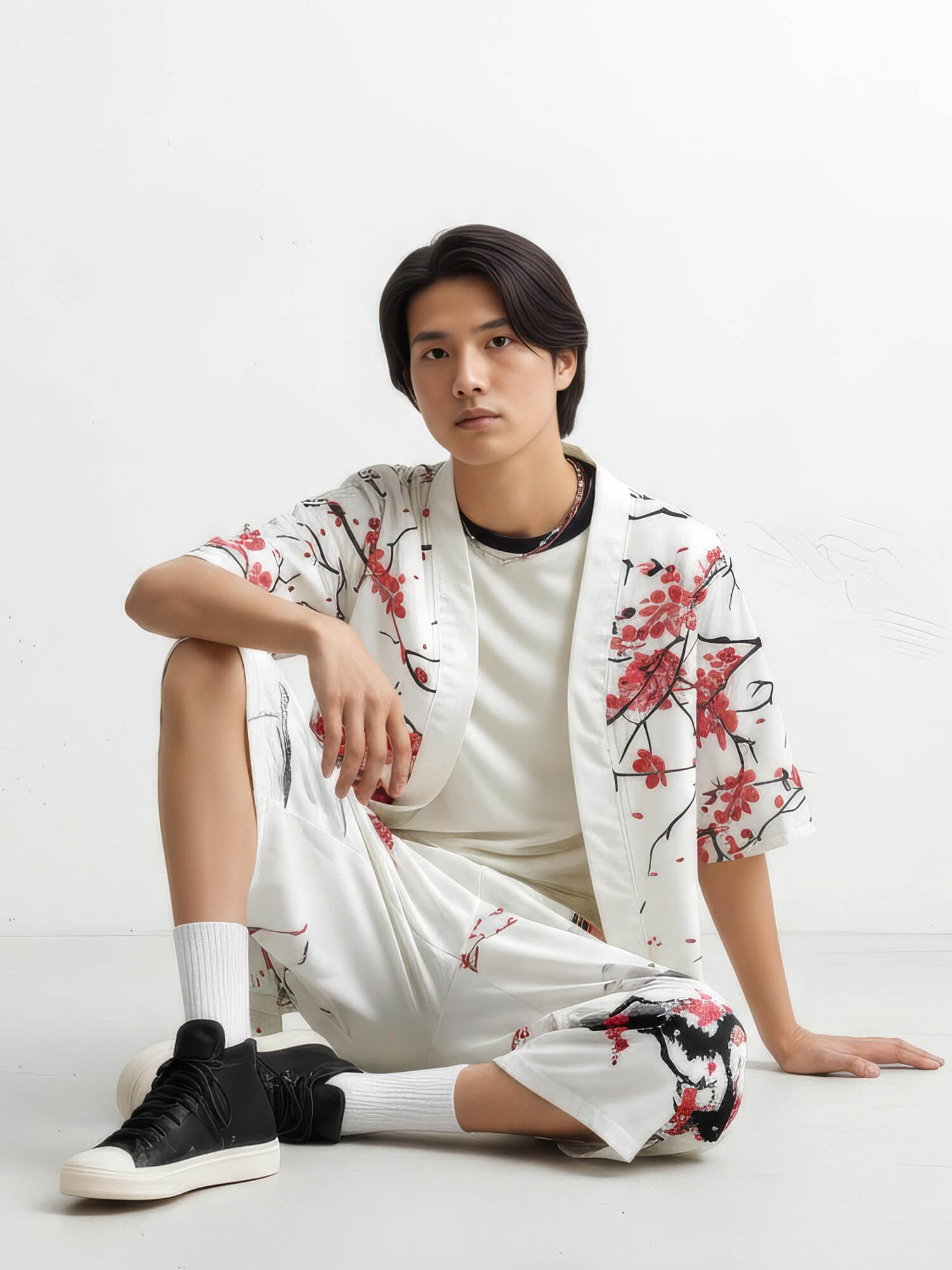 Modèle assis portant le pantalon japonais Homme Fleurs Sérénité en studio
