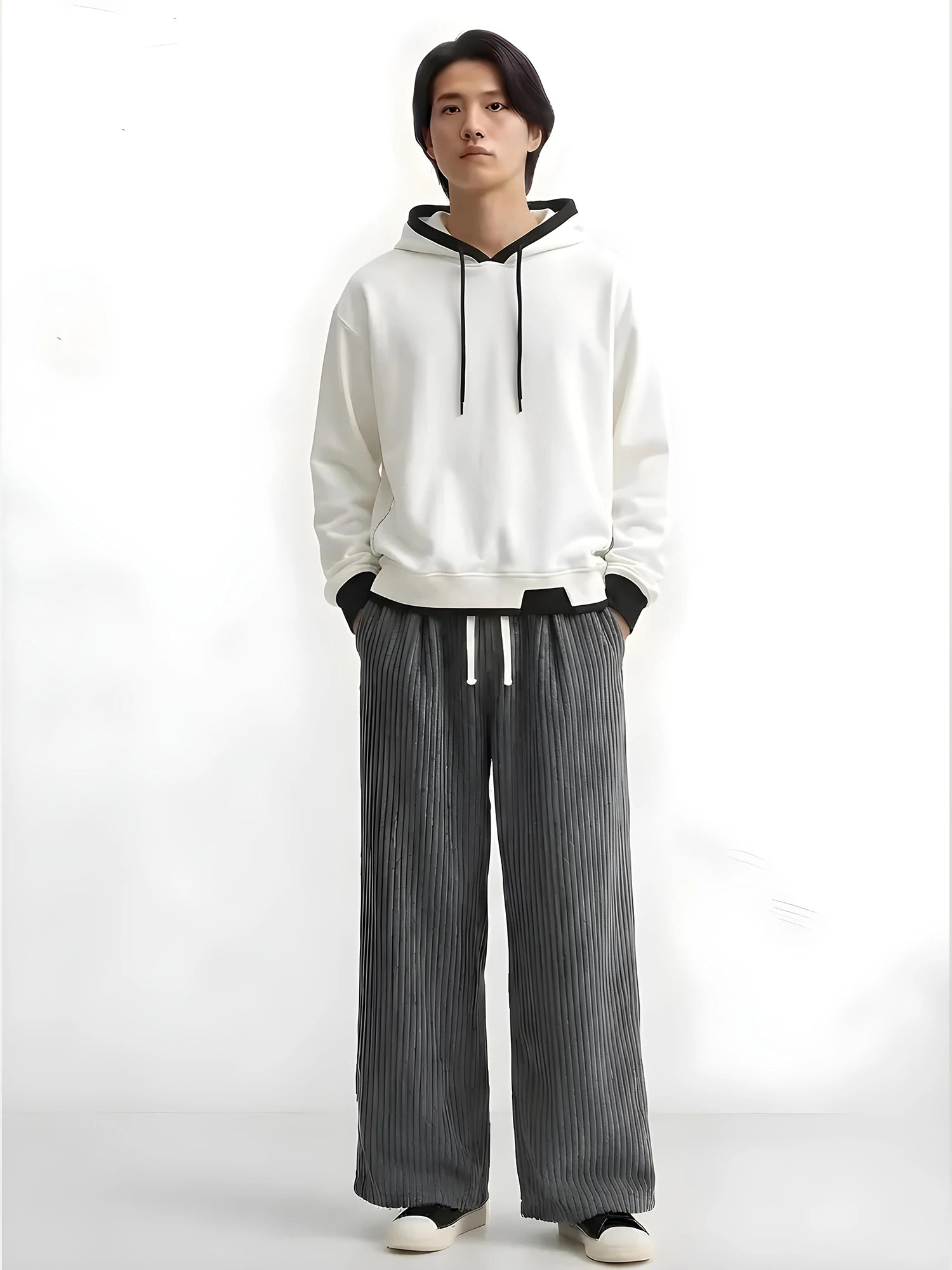 Pantalon japonais homme Akeno coupe ample plissée gris anthracite, taille élastique avec cordon, style japonais moderne