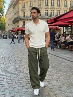 Pantalon japonais homme kaki cargo Edo avec cordons blancs et poches style militaire