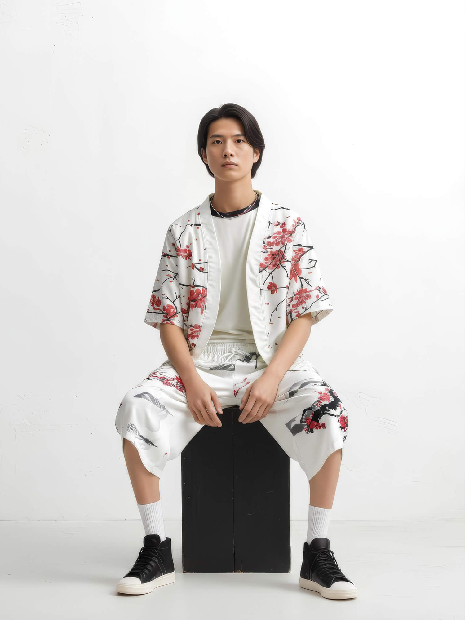 Pantalon Japonais Homme Fleurs Sérénité porté en position assise sur fond studio