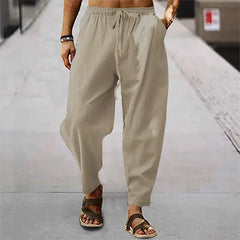 Pantalon droit japonais en coton et lin coloris sable