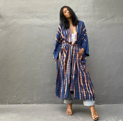 Kimono long de plage tie-dye Bleu nuit