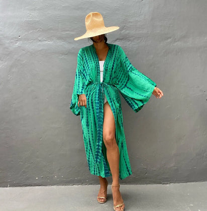 Kimono long de plage tie-dye Vert émeraude