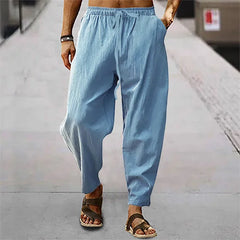Pantalon droit japonais en coton et lin coloris bleu ciel