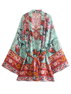 Kimono court de plage | paon et rinceaux Vert