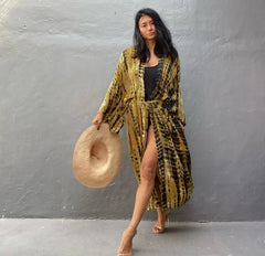 Kimono long de plage tie-dye Olive doré