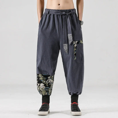Pantalon japonais homme Hanami à motifs traditionnels, coupe ample et fluide, style nippon au quotidien