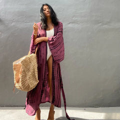 Kimono long de plage tie-dye Vieux rose