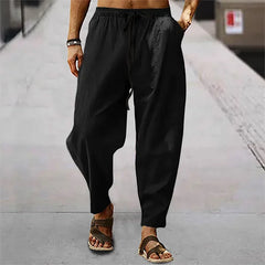 Pantalon droit japonais en coton et lin coloris noir