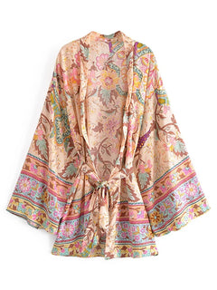 Kimono court de plage | paon et rinceaux Beige