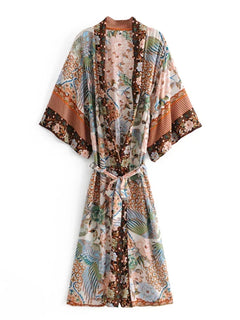 Kimono long de plage | jardin doré Kaki