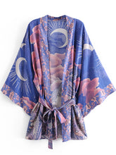Kimono court de plage | lune et étoiles Bleu