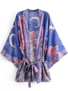 Kimono court de plage | lune et étoiles Bleu