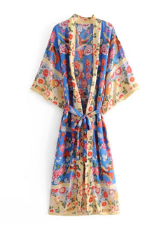 Kimono long de plage | fleurs anciennes Bleu